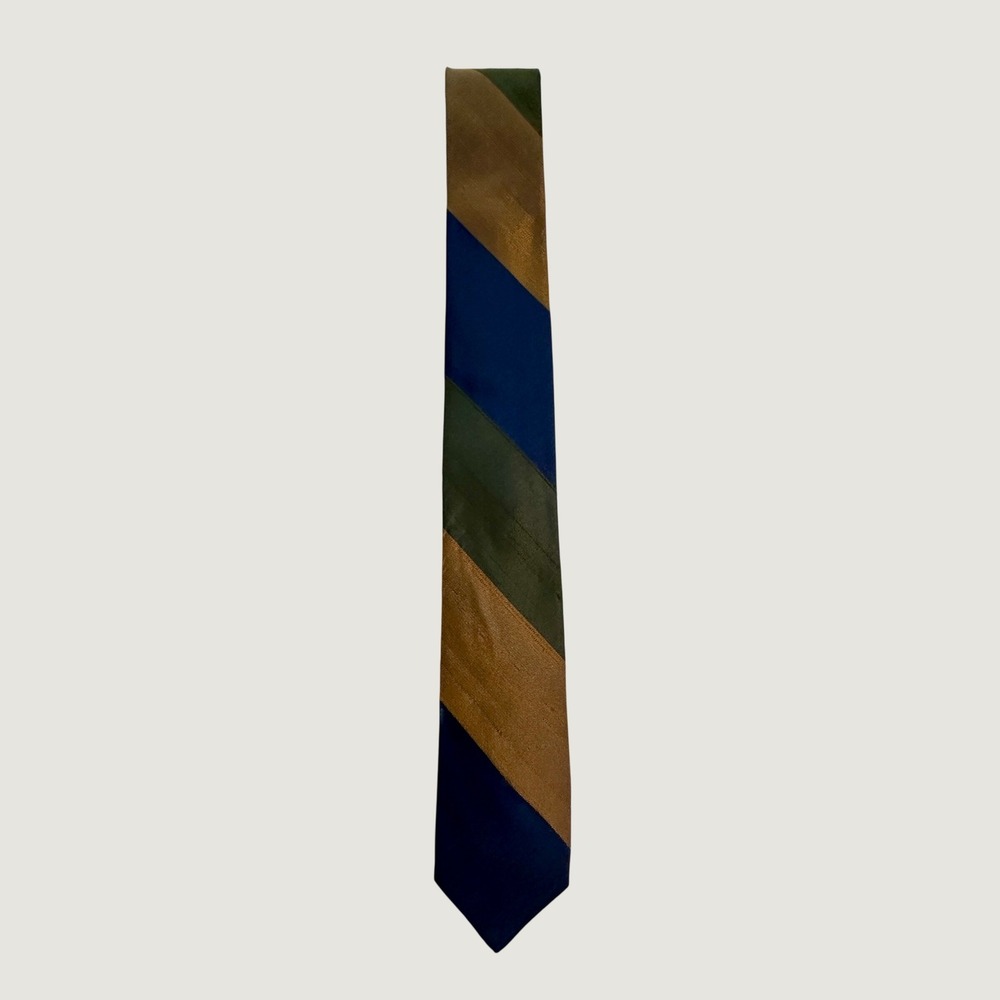Regal All Silk Necktie Navy Blue Olive Green Bronze Wide Diagonal Stripe Vintage